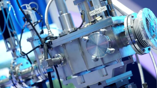 Macro close-up of a precision stainless-steel vacuum chamber with flanged ports, control cabling, and instrumentation, highlighting laboratory engineering under blue lighting