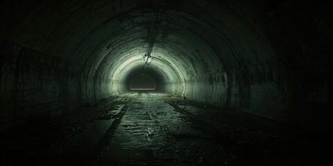 Water-filled, grimy concrete drainage tunnel with low lighting, infrastructure safety
