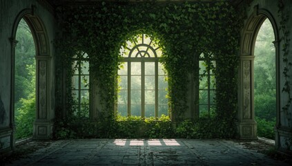 Obraz premium Derelict building engulfed by lush vegetation and vines, emphasizing nature's takeover, Earth Day