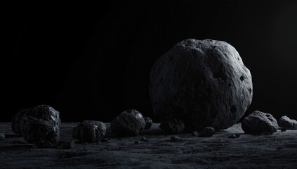 Fototapeta premium Cluster of diverse asteroid formations in space against a dark backdrop, highlighting celestial rock composition