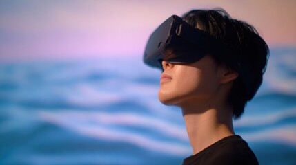 Person uses virtual reality headset in an indoor space with colorful background