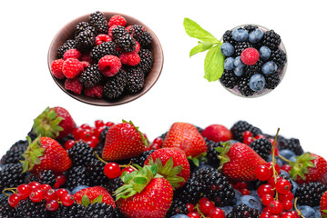 Blackberry, raspberry, blueberry,  red currant and mint background.
