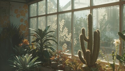 Vintage color cactus in greenhouse serving as ornamental plant, World Cactus Day