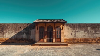 Vintage-windowed shop house with antique shutters on weathered wall, suitable as UI background or text layout