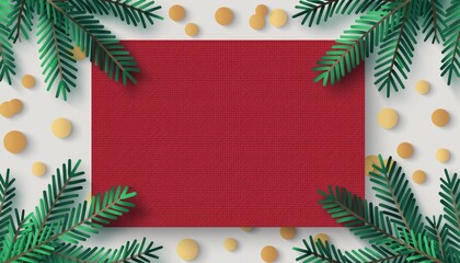 Red textured rectangular frame with green pine branches and golden circles for a festive Christmas holiday background with copy space, presented in a modern papercraft style