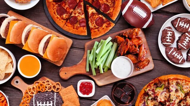 Football theme food table scene. Slow rotating zoom motion. Pizza, hamburgers, wings, snacks and sides. Overhead view on a dark wood background.