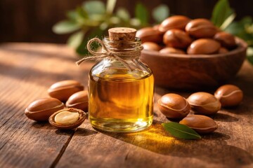 Argan oil glass bottle accompanied by raw argan nuts on handcrafted wooden table