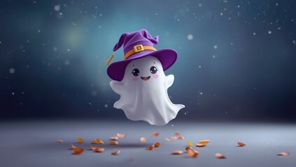 Halloween-themed cartoon ghost with witch hat, ideal for celebration decor