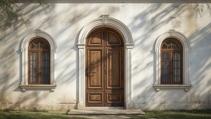 Fototapeta premium Old wooden house facade with windows and door, highlighting historic architecture for Cultural Heritage Preservation Day