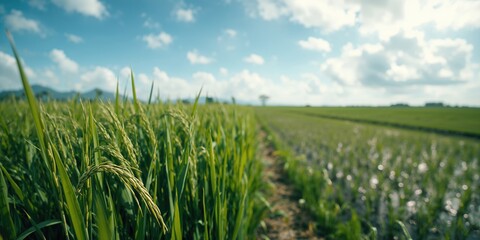 Cultivated rice in vibrant green paddies, illustrating seasonal growth and farm labor activities