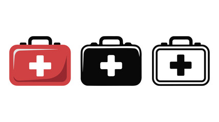 First Aid Kit Icons in Red Black and Outline  first aid, medical, kit, box, bag
