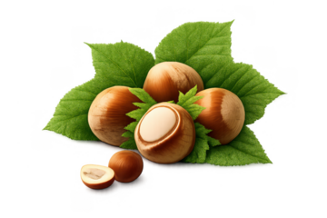 Hazelnuts with vibrant green leaves, featuring both whole shelled nuts and a cracked nut, offering healthy snacks
