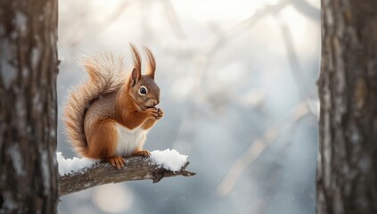 Winter woodland scene with a squirrel holding and eating hazelnuts, highlighting natural foraging behavior