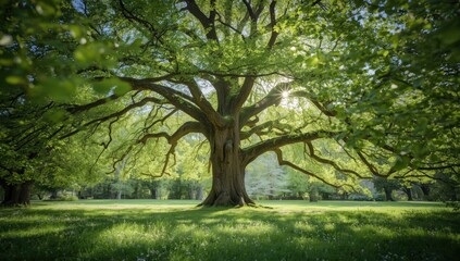 Obraz premium Large oak tree in spring green forest sunny day summer, highlighting seasonal foliage in a natural landscape