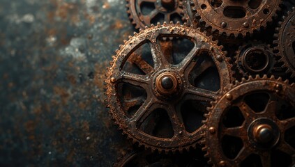 Fototapeta premium Rusty gear components in a metallic texture, highlighting industrial wear and aging effects