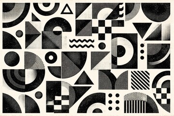 Retro monochrome geometric abstract pattern with textured halftone background