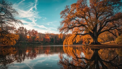 Obraz premium Autumn landscape featuring a pond with mirror-like water and vibrant foliage, highlighting seasonal transformation