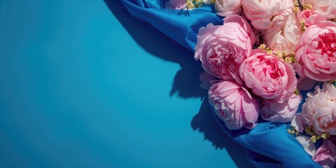Blue banner featuring vibrant pink and white peonies, used as a floral display or promotional backdrop