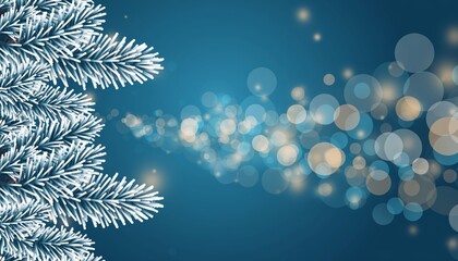 White snow-covered fir tree branch with frosty needles on a magical blue background with sparkling golden bokeh lights and copy space for text