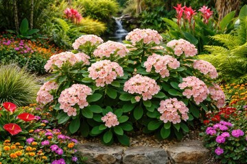 Beautiful garden view of Euphorbia Mili flowers and surrounding plants