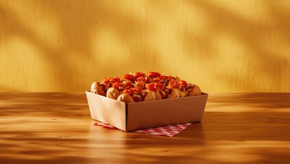 Crispy hot dogs served in a cardboard container on a table, highlighting their mouth-watering appeal and warm color palette