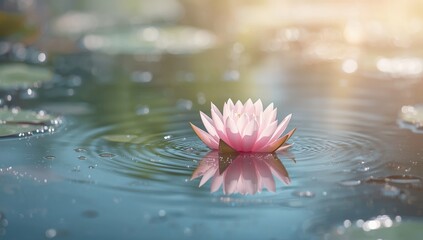 Pink water lily or lotus flower reflecting on water, pastel hues emphasizing a calming botanical scene for background design