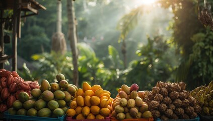 Village outdoor fruit market scene, highlighting seasonal harvest and local sourcing