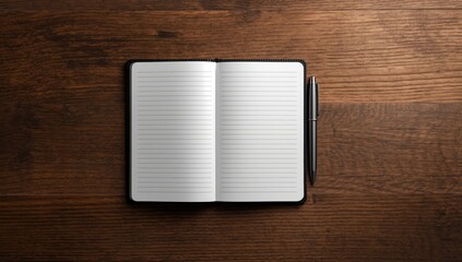 Open lined notebook with a pen resting on a wooden background, suitable for journaling or planning activities