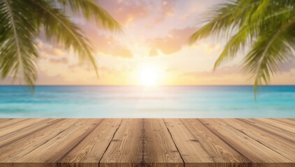 Wooden table set against a summer backdrop with blue sky and sea, suitable for outdoor events, World Environment Day