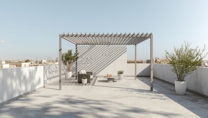 Spacious attic terrace with gray-painted metal pergola serving as an exterior extension, Earth Day