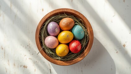 Closeup of quail eggs in a bowl on a wooden surface highlighting festive table setting for Easter