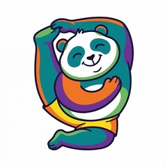 Colorful cartoon panda stretching and smiling in playful pose
