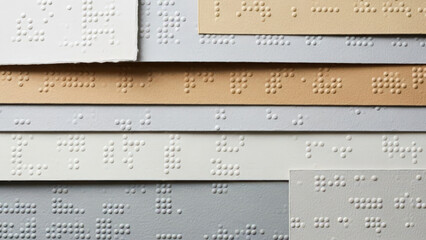 Braille text on various textured papers showcasing inclusivity and accessibility for World Braille Day, perfect for educational materials or awareness campaigns with copy space.