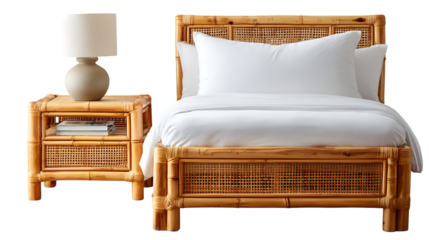 Tropical rattan cane bed frame with matching nightstand and ceramic lamp set on transparent background