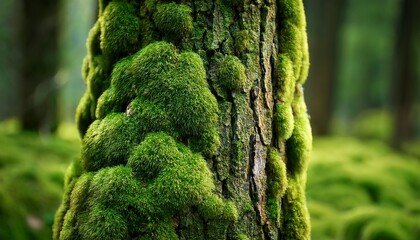 close up shot of bark overgrown with green moss