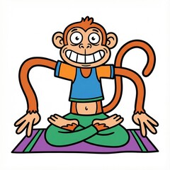 Cartoon monkey doing yoga in a meditative pose on mat  