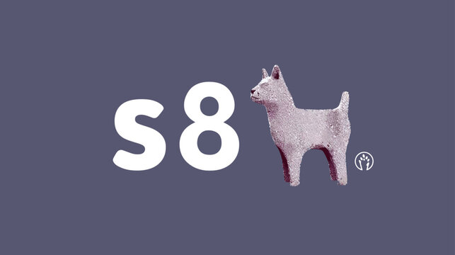 Stylized 's8' text next to a modern white ceramic dog figurine on a muted purple-grey background, simple graphic design.