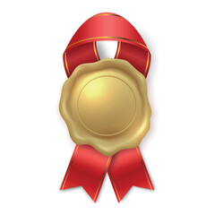 Vector 3d Gold Award Seal with Red Ribbon Rosette Badge Icon. Blank Label Template Isolated. Winner Prize Achievement Emblem for Certificates, Packaging, Branding, Quality Guarantee Sticker