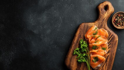 Smoked salmon slices are arranged on a wooden board with fresh herbs.