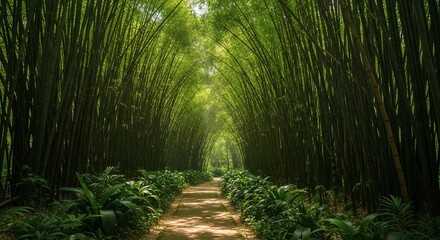 Whispers of the Bamboo Forest: A serene pathway weaves through a lush bamboo forest, the sunlight filtering through the canopy, creating an ethereal and tranquil ambiance. 