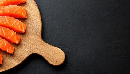 Fresh salmon fillets arranged on a wooden cutting board against a dark background.