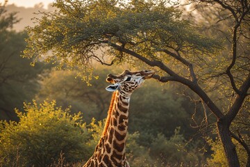 Majestic giraffe gracefully extends its long neck to browse on acacia leaves under the golden glow of the African savanna at sunrise