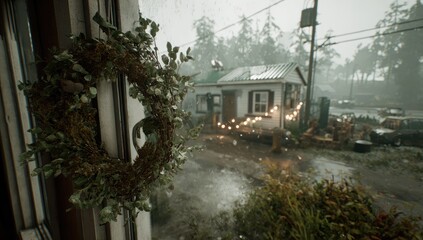 Rustic wreath hangs on window, overlooks a small house during rainfall.