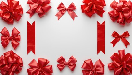 Collection of red ribbon fragments on a white surface, ideal for graphic overlays or text backgrounds