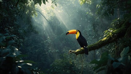 Obraz premium Keel-billed Toucan perched among vibrant foliage, showcasing biodiversity, World Wildlife Day