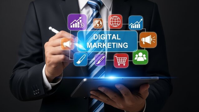 A businessman in a suit using a digital tablet to manage digital marketing strategies with icons floating above him - Powered by Adobe