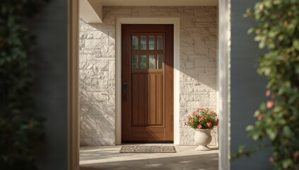 Fototapeta premium Entryway featuring a brown door and four-pane window, designed for home security and aesthetics