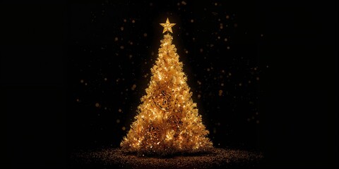 Gold glitter-textured Christmas tree on black background, suitable for festive banners or holiday visuals, Merry Christmas theme