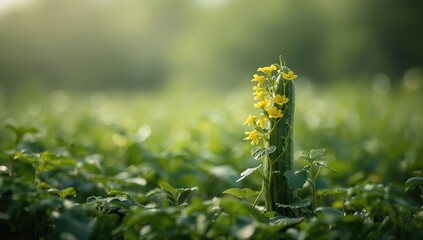 Vining cucumber plant with yellow blossoms, illustrating simple growth, ideal for gardening, World Gardening Day