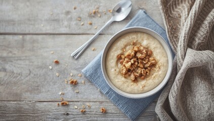 Oatmeal topped with walnuts presented on a plate highlights nutritious breakfast options for weight control, diet menu, weight loss, diet concept